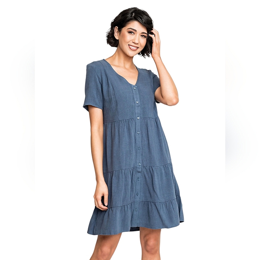 Gibsonlook Vintage Blue Tiered Button Front Linen Rayon Casual Mini Dress szM